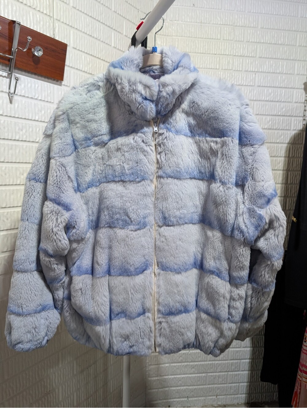 Light Blue Dyed Genuine Sheared Fur Bomber Style Coat with Satin Lining